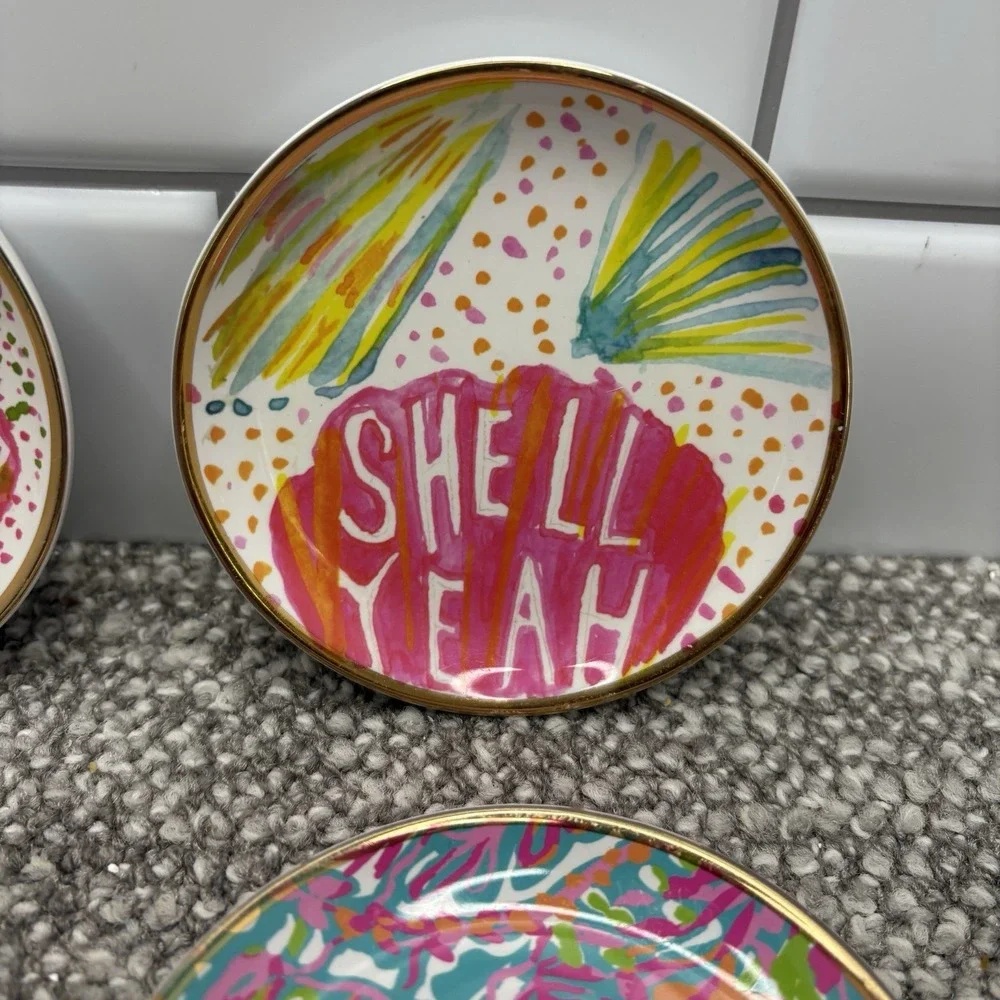 Lilly Pulitzer Coasters Beach Ocean Theme Neon Colors 4 Inches‎ Gold Trim